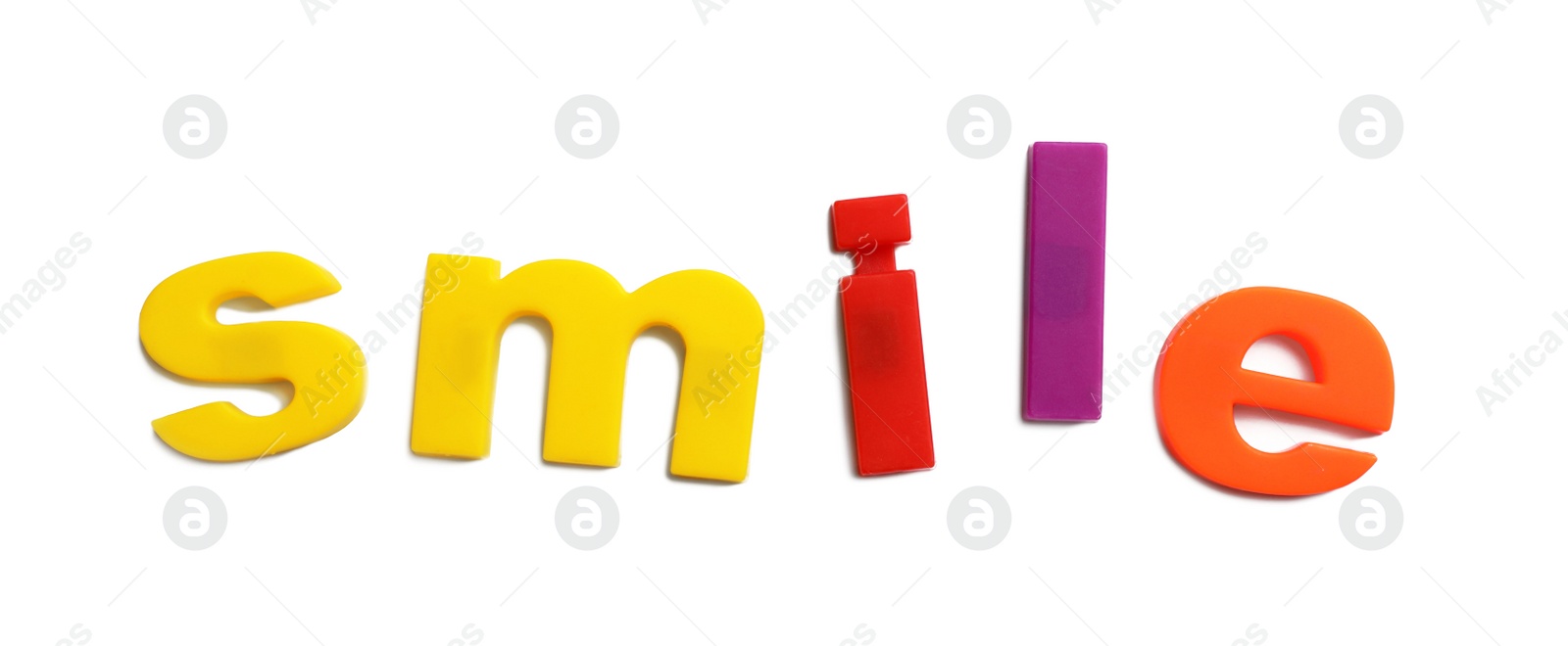 Photo of Word SMILE of magnetic letters on white background, top view