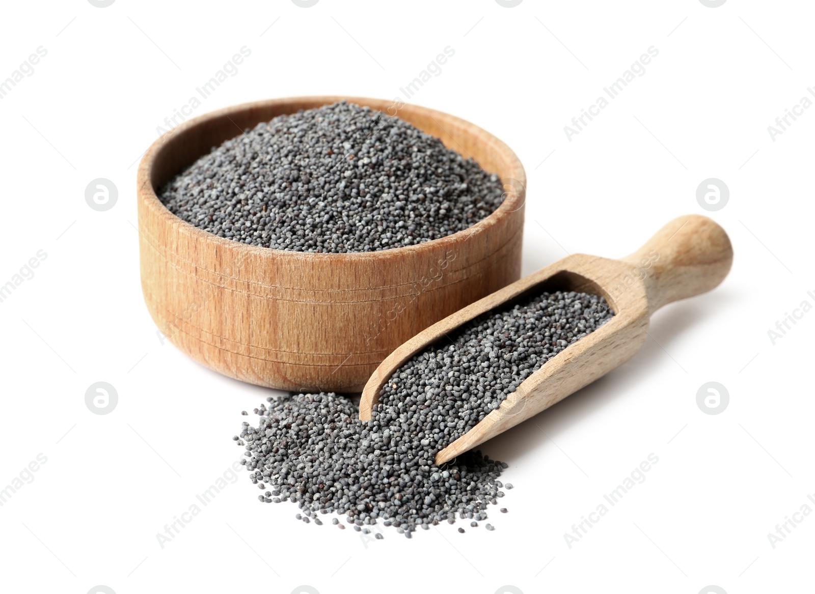 Photo of Raw poppy seeds in wooden bowl and scoop on white background