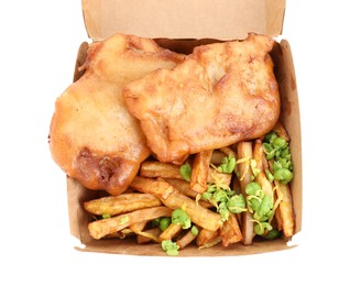 Photo of Tasty fish, chips and peas in paper box isolated on white, top view