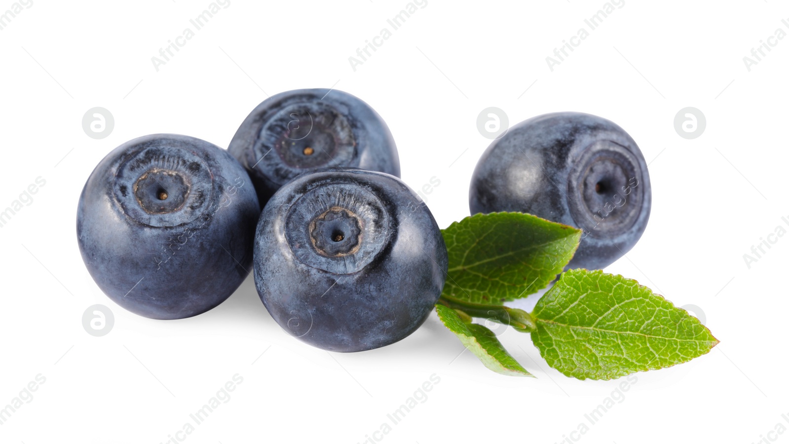 Photo of Delicious ripe bilberries and green leaves isolated on white