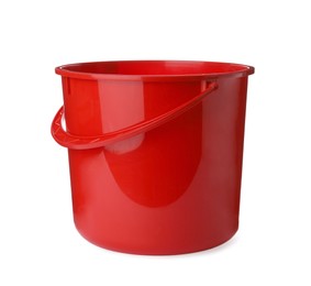 Photo of Empty red bucket for cleaning isolated on white