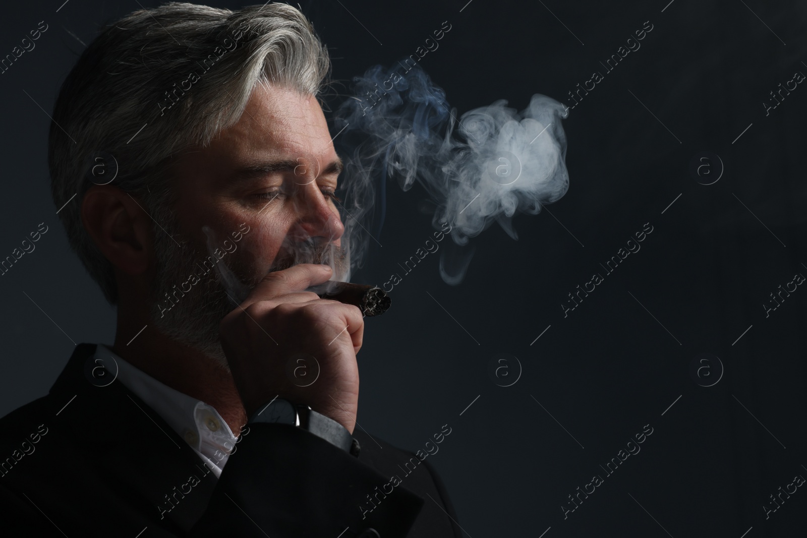 Photo of Handsome bearded man smoking cigar against dark grey background. Space for text