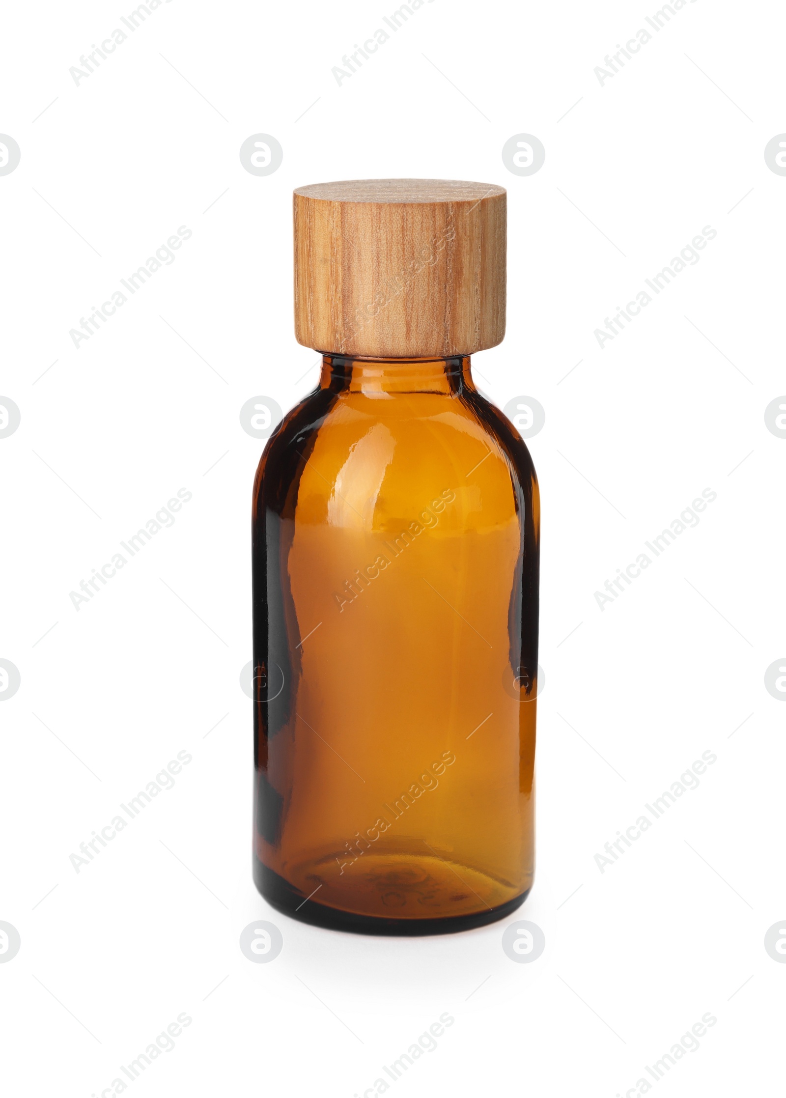 Photo of New empty glass bottle with wooden cap isolated on white