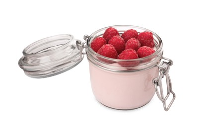 Jar of tasty yogurt with raspberries isolated on white