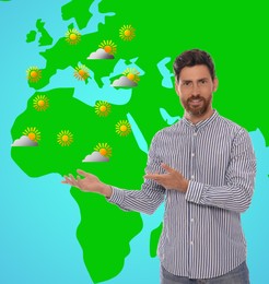 Image of Handsome man near virtual screen with map that demonstrating weather forecast in different regions