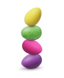 Image of Stack of bright Easter eggs on white background