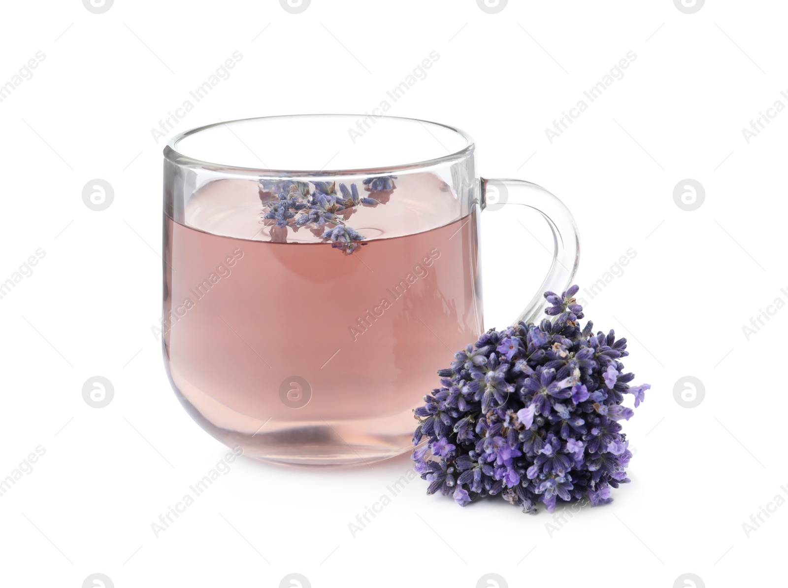 Photo of Fresh delicious tea with lavender and beautiful flowers isolated on white