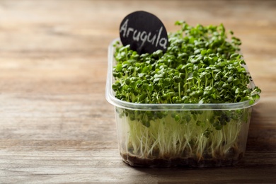 Sprouted arugula seeds in plastic container on wooden table, closeup. Space for text