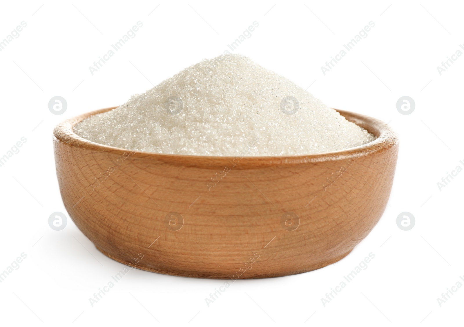 Photo of Granulated sugar in bowl isolated on white