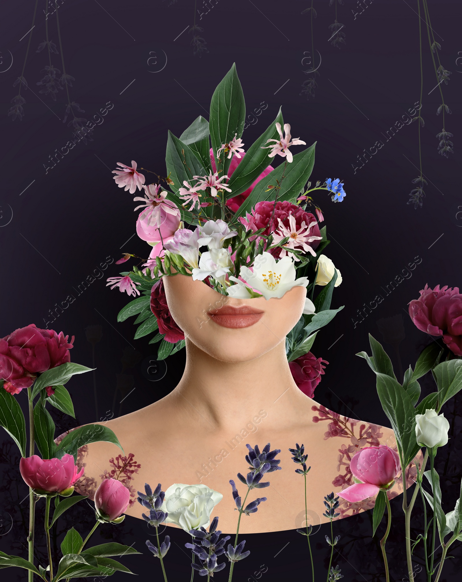 Image of Young woman with beautiful flowers and leaves on dark purple background. Stylish creative collage design