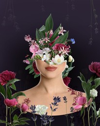 Image of Young woman with beautiful flowers and leaves on dark purple background. Stylish creative collage design