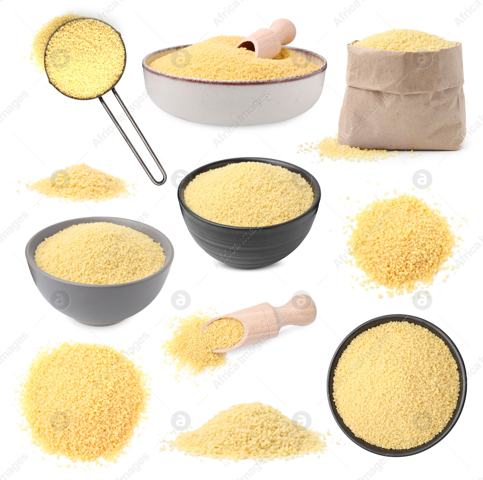 Image of Raw dry couscous isolated on white, set