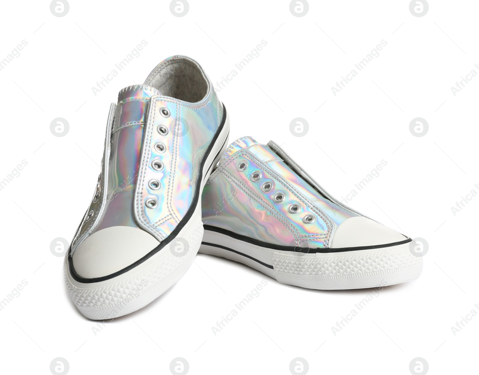 Photo of Pair of stylish sneakers on white background