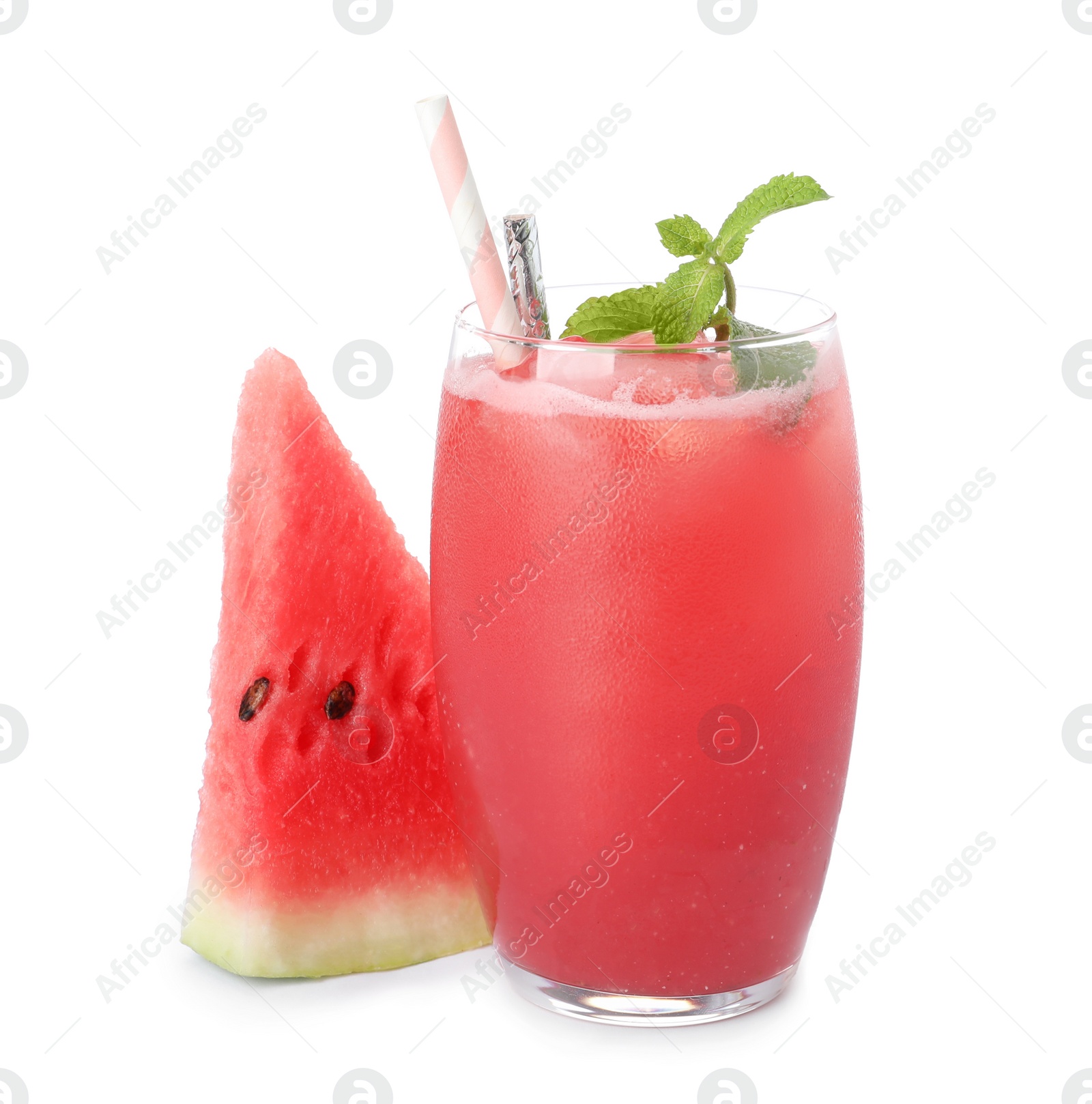 Photo of Tasty watermelon drink and fresh fruit on white background