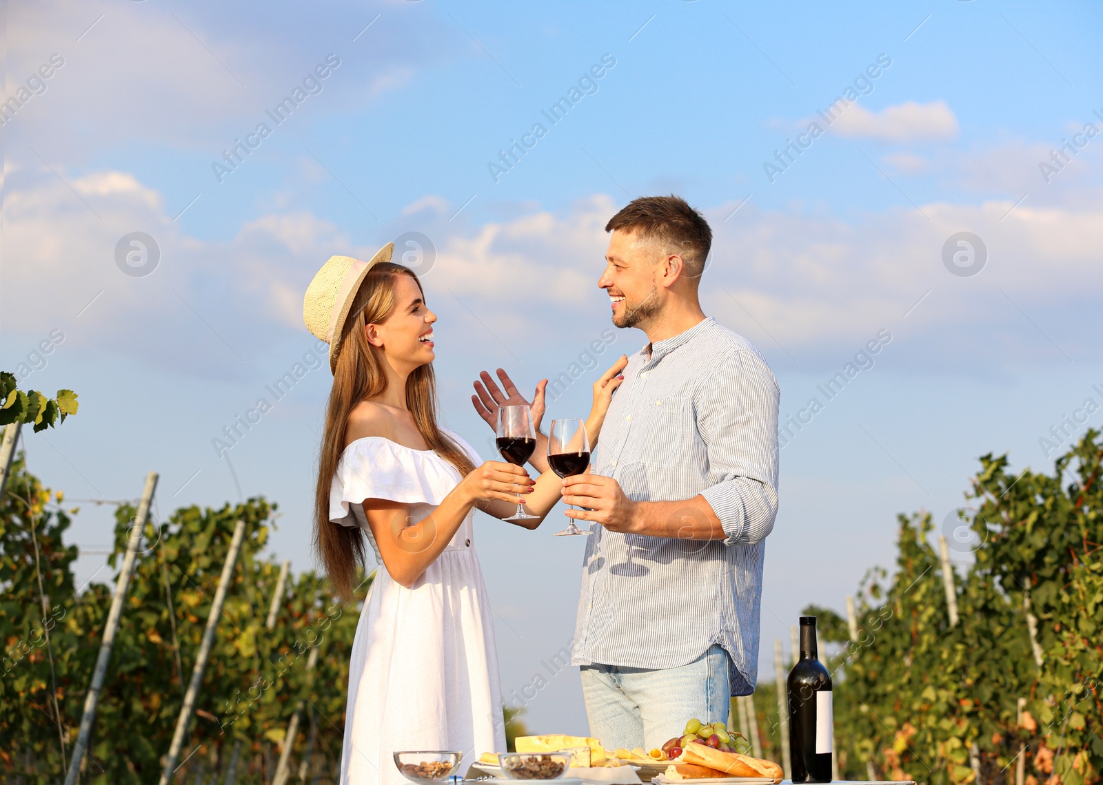 Photo of Happy couple holding glasses of wine at vineyard