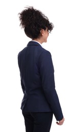 Young businesswoman in suit standing on white background