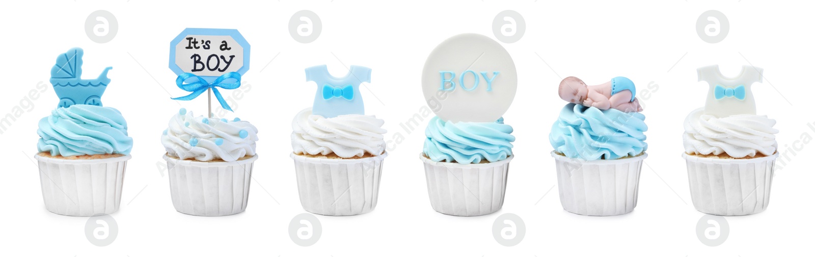 Image of Beautifully decorated baby shower cupcakes for boy on white background, collage. Banner design