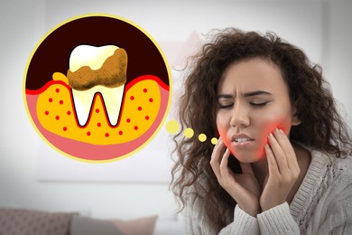 Image of African American woman suffering from tooth ache indoors. Space for text