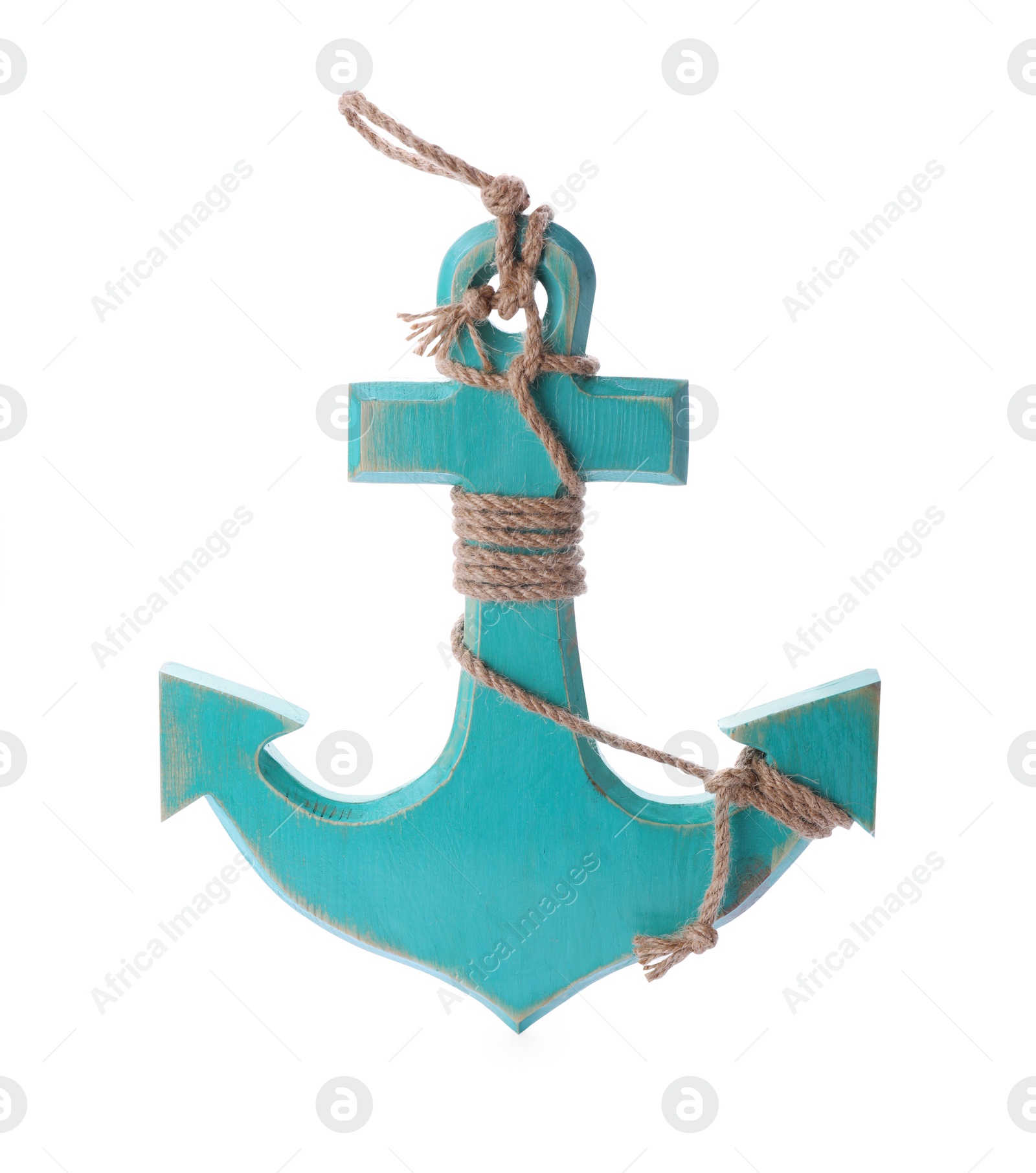 Photo of Wooden anchor with hemp rope isolated on white