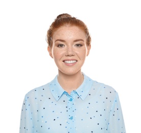 Photo of Portrait of young woman with beautiful face on white background