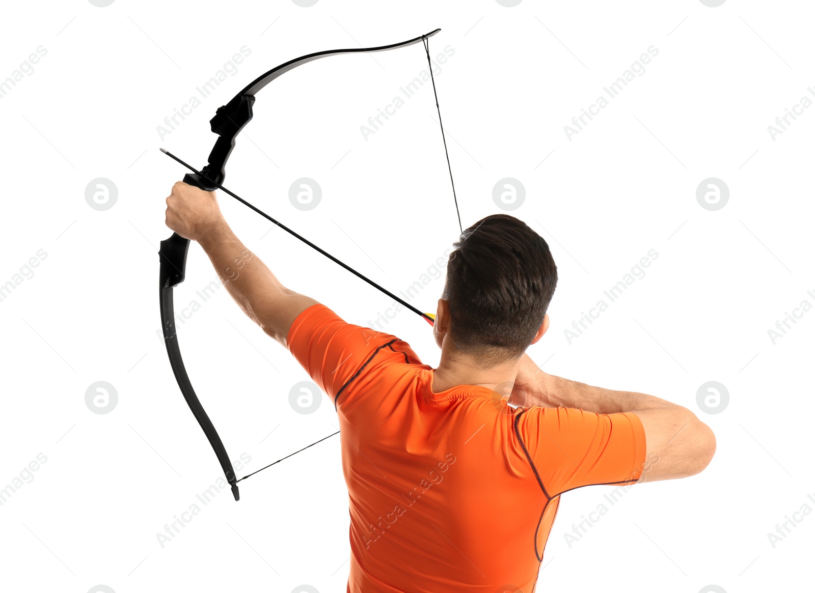 Photo of Man with bow and arrow practicing archery on white background, back view
