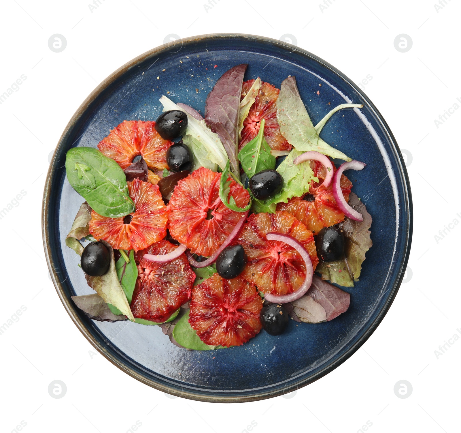 Photo of Plate of delicious sicilian orange salad isolated on white, top view