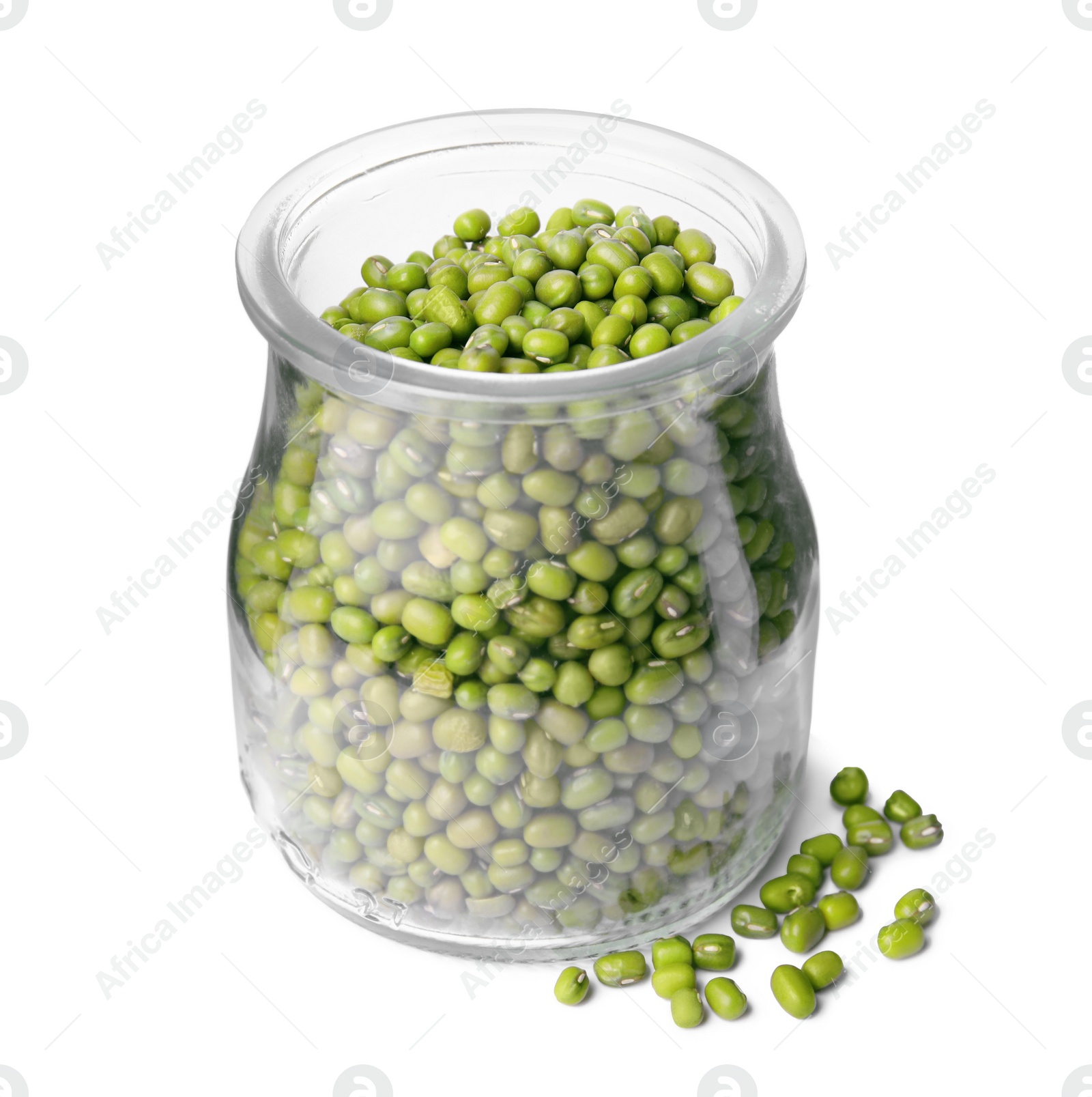 Photo of Glass jar with green mung beans isolated on white. Organic grains