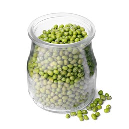 Glass jar with green mung beans isolated on white. Organic grains