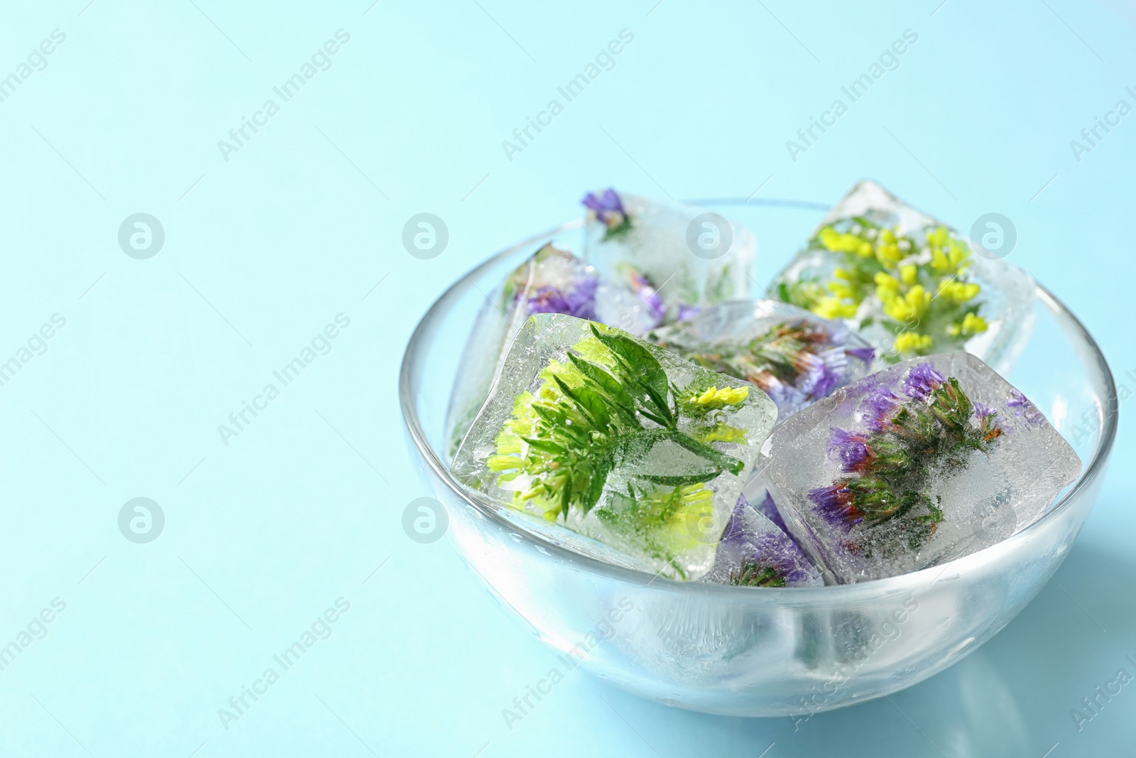 Photo of Bowl of ice cubes with flowers on blue background. Space for text
