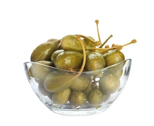 Capers in glass bowl isolated on white