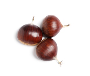 Photo of Fresh sweet edible chestnuts on white background, top view