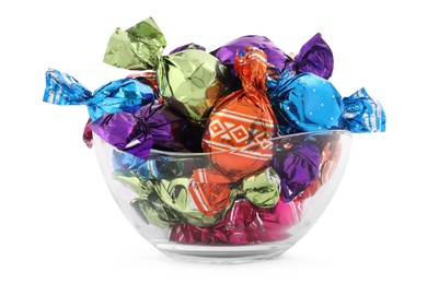 Photo of Bowl with sweet candies in colorful wrappers on white background