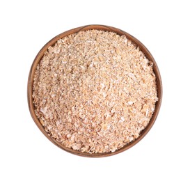 Photo of Wheat bran in bowl on white background, top view