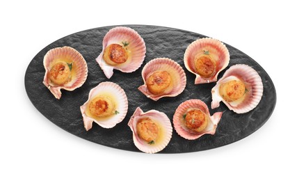 Delicious fried scallops in shells isolated on white, top view