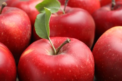 Photo of Delicious ripe red apples as background, closeup