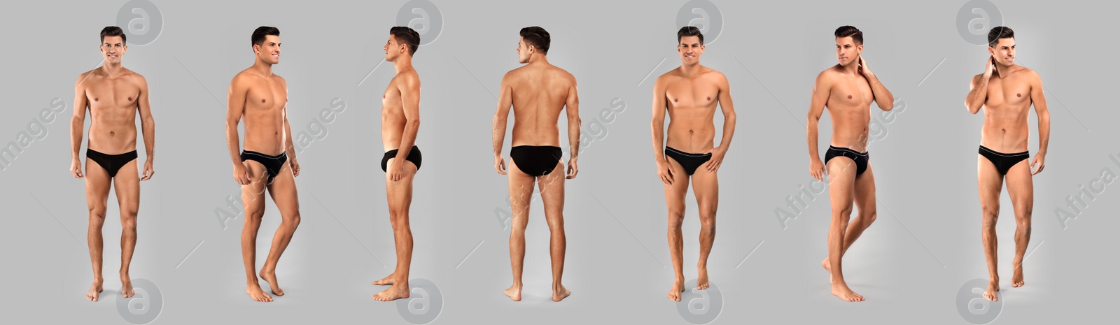 Image of Collage of man in underwear on grey background. Banner design 