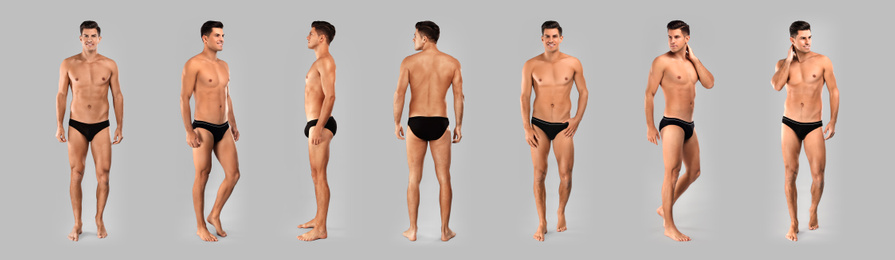 Image of Collage of man in underwear on grey background. Banner design 