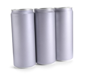 Photo of Energy drinks in aluminum cans on white background
