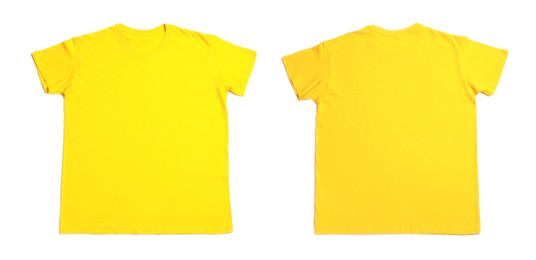 Image of Yellow t-shirt with space for design isolated on white. Back and front views