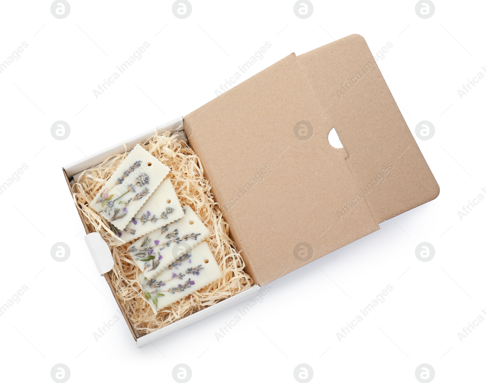 Photo of Beautiful scented sachets in box on white background, top view