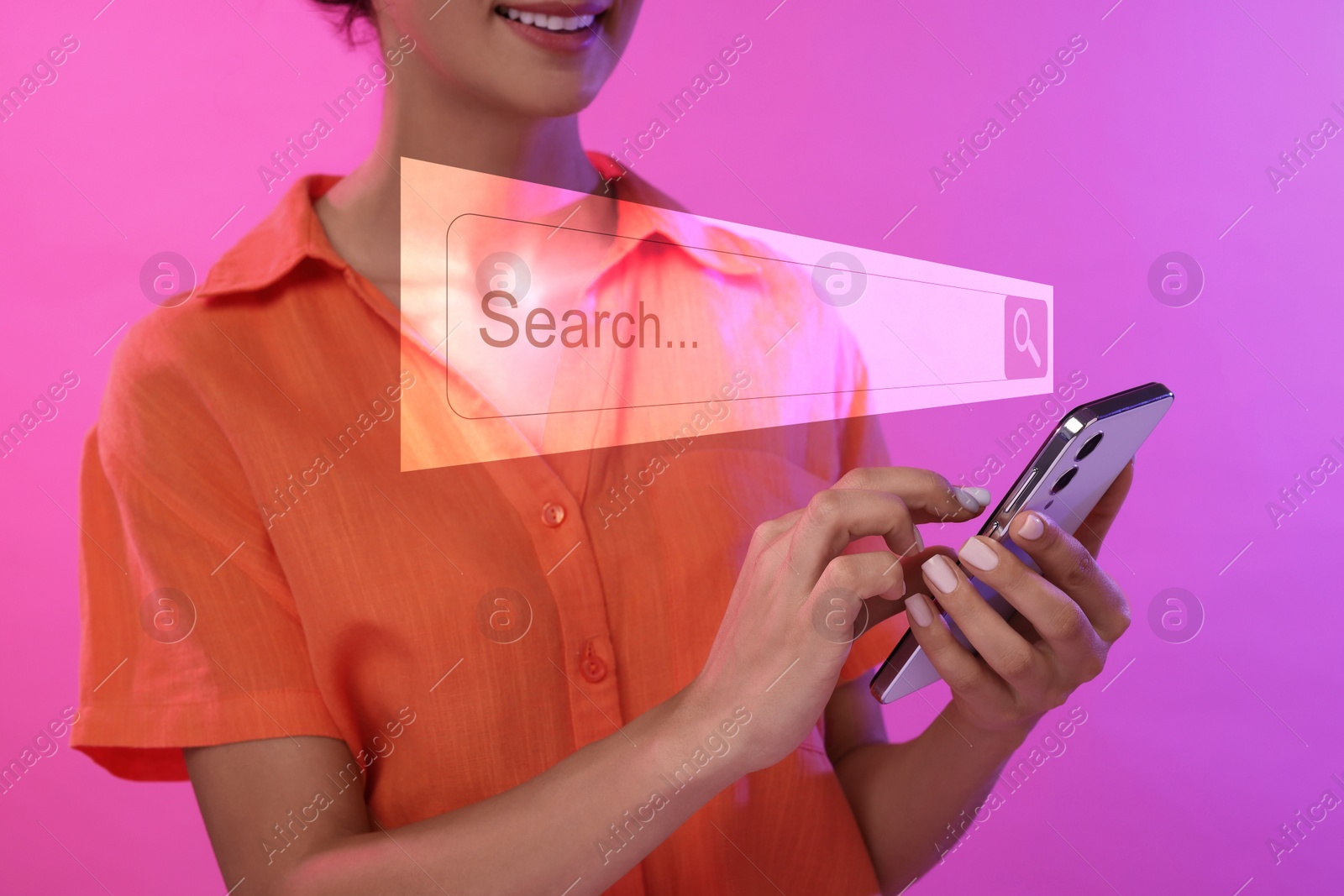 Image of Search bar of website near smartphone. Woman using device on pink background, closeup