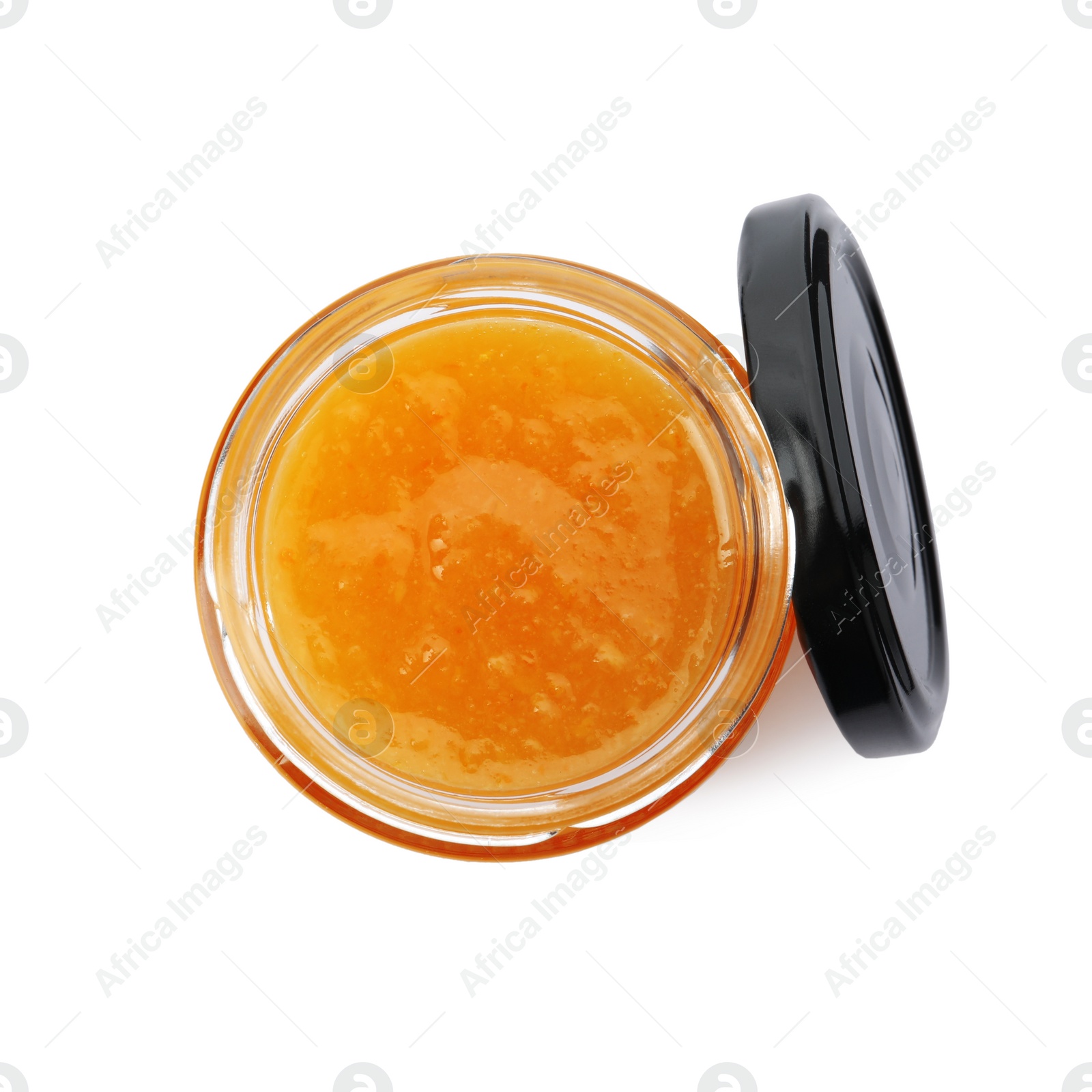 Photo of Delicious orange marmalade in jar on white background, top view