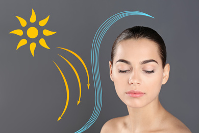 Image of Illustration of sun protection layer and beautiful young woman with healthy skin on grey background