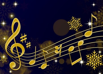 Christmas melody. Music notes and snowflakes on dark blue background, space for text. Illustration design