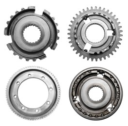 Image of Set with different stainless steel gears on white background, top view