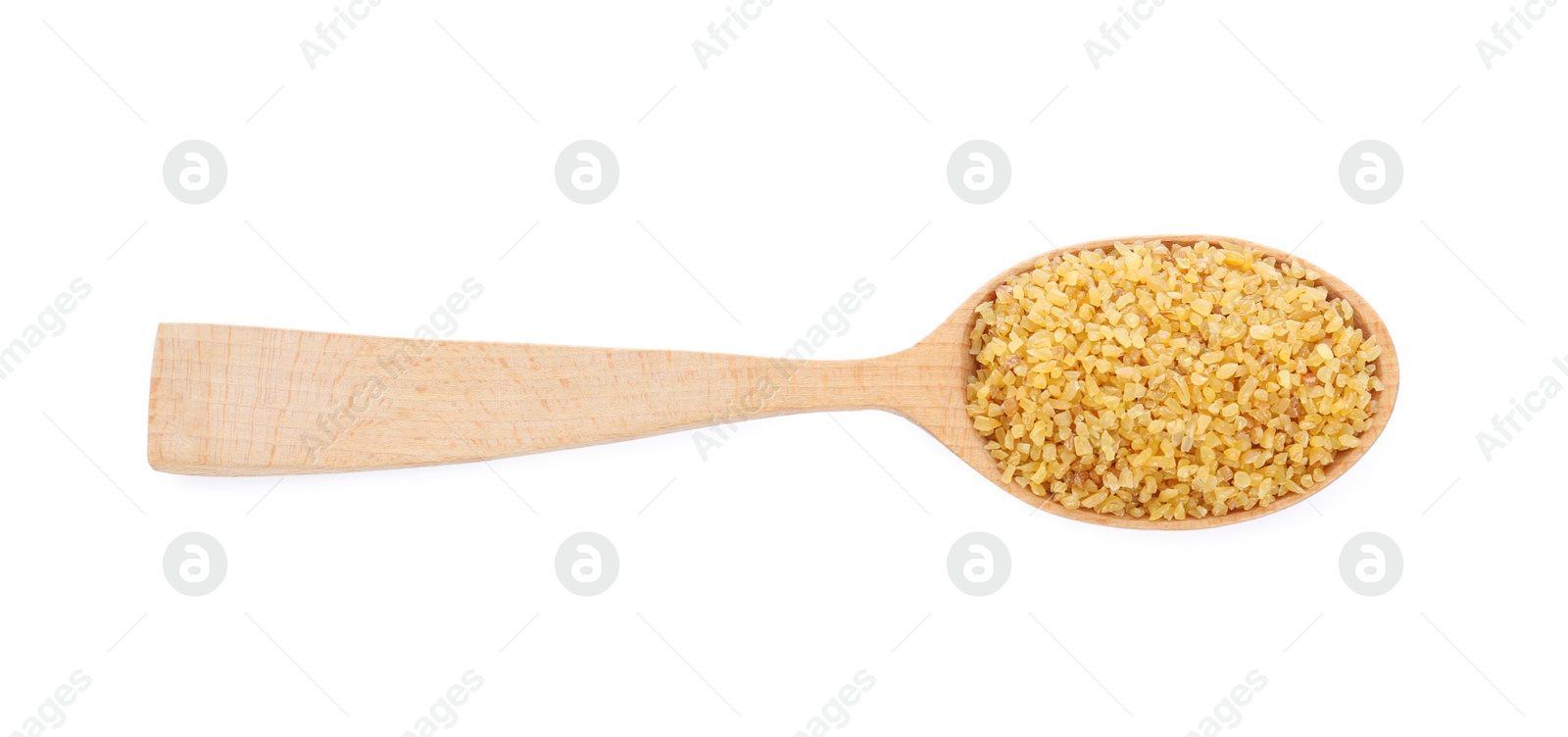 Photo of Wooden spoon with uncooked bulgur isolated on white