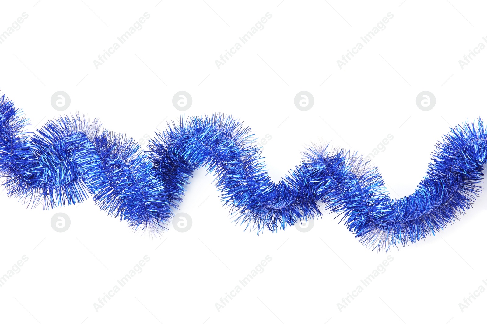 Photo of Shiny blue tinsel isolated on white, top view