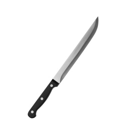 Photo of Sharp slicing knife with black handle isolated on white