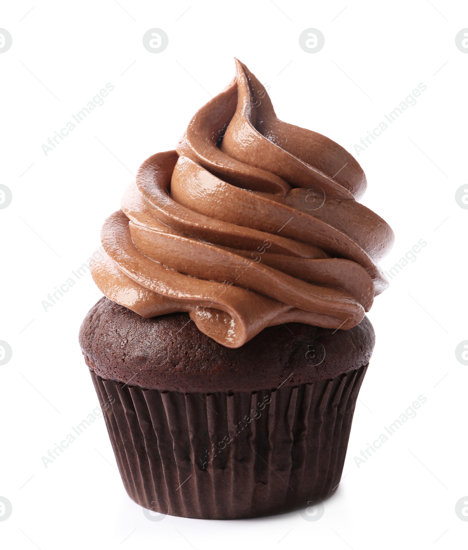 Photo of Delicious chocolate cupcake with cream isolated on white