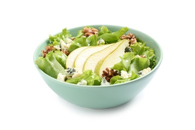 Photo of Tasty salad with pear slices, cheese and walnuts isolated on white